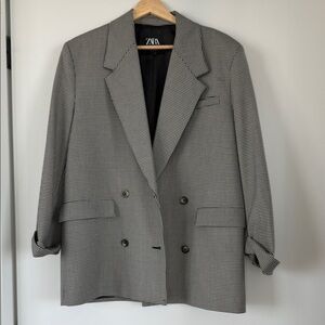 Zara Women's Black and White Checkered Blazer